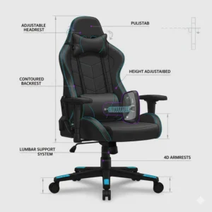 Close-up illustration of a black gaming chair's ergonomic features, including adjustable lumbar support, headrest, and armrests, emphasizing posture and comfort during long gaming sessions.