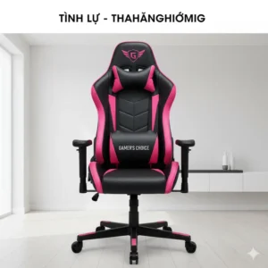 Full front view of a stylish black and pink gaming chair, showcasing its unique color combination and modern aesthetic.