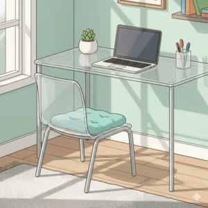 Close-up view of a cute cheap small acrylic chair desk, highlighting the transparent design and quality. 