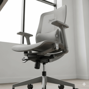 An ergonomic, aesthetic office chair in a neutral color, showcasing its lumbar support and adjustable armrests for a comfortable workspace.