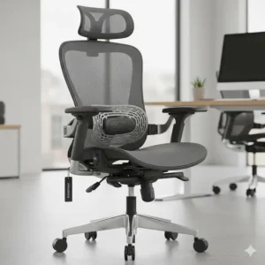 A detailed image of an ergonomic office chair, focusing on adjustable features like lumbar support, armrests, and seat height to provide proper body alignment, representing one of the many types of office chairs.