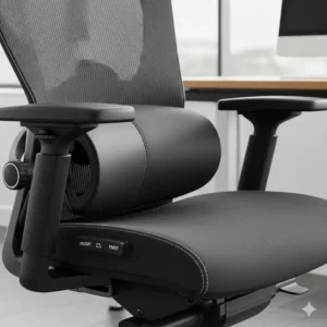 Close-up of a commercial office chairs highlighting ergonomic features like adjustable lumbar support and armrests.
