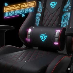 Close-up view of the adjustable lumbar support cushion on a high-end gaming chair, emphasizing ergonomic comfort features during gaming chair black friday deals.