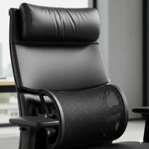 A close-up view of the adjustable lumbar support and cushioned headrest on a high-back luxury executive office chair, highlighting its ergonomic design.