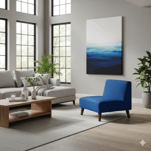  A sleek small upholstered chair adds a pop of color to a contemporary living room decor.