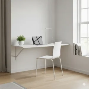 A minimalist home office featuring a white, slim-profile skinny desk chair tucked neatly under a floating desk. The skinny desk chair blends seamlessly into the room's clean aesthetic.