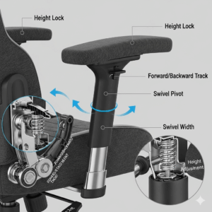 A detail shot of a computer chair’s adjustable armrests, which are a key component of the best chairs for sitting all day.