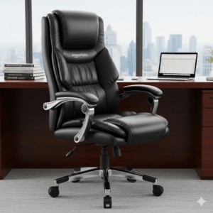 A luxurious, black leather executive best Amazon office chair available on Amazon, with thick padding and a high back. The chair is positioned in a professional setting.