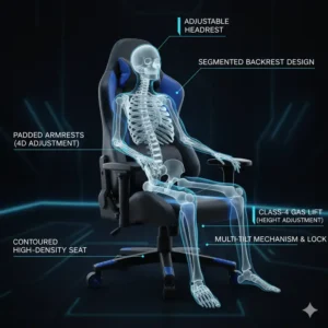 Diagram illustrating the ergonomic features of a gaming chair, including headrest, armrests, and seat adjustments, all contributing to a healthy spine and reduced back pain. 