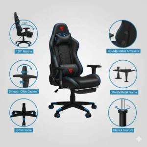 Illustration 2 Alt Text: Various detailed illustrations of a black gaming chair from different angles, highlighting its recline function, swivel base, and sturdy construction for optimal gaming performance.