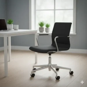 A sleek, black home office chair with a minimalist design that complements various decor styles.