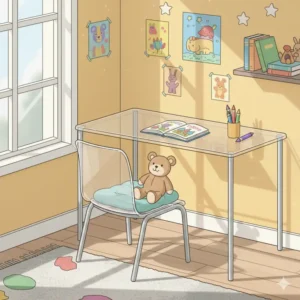 An illustration showing a cute cheap small acrylic chair desk arrangement in a brightly decorated kids' room. 