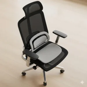 An overhead view of a modern, stylish office chairs made in usa, showing its ergonomic features like lumbar support and adjustable headrest.