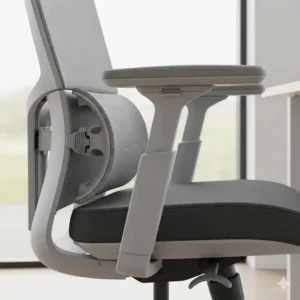 A close-up of an ergonomic skinny desk chair highlighting its lumbar support and adjustable armrests. This design combines a slim profile with essential ergonomic features for comfort.