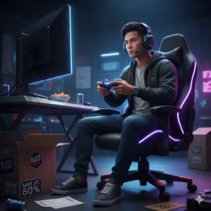 A person actively gaming in a comfortable, modern gaming chair, illuminated by screen light, suggesting an immersive experience from a gaming chair black friday purchase.