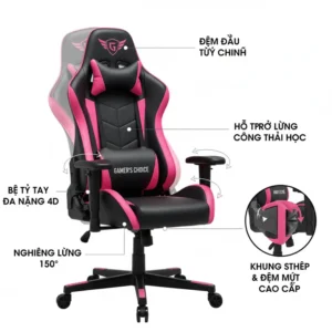 Close-up of the ergonomic features of a black and pink gaming chair, highlighting adjustable lumbar support and headrest for optimal comfort.