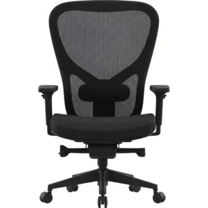 A front view of a ventilated mesh-back office chair, emphasizing its breathable material and comfortable back support, ideal for long hours of work.