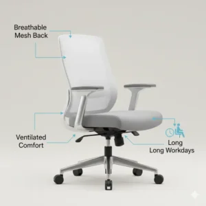 An illustration of a breathable mesh back modern office chair, emphasizing its ventilation and contemporary aesthetic for long workdays.