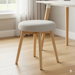 A small round chair featuring sturdy, light-colored wooden legs and a comfortable, padded seat, ideal for a contemporary home office.