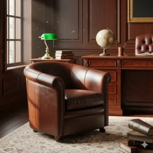 A stylish, small swivel barrel chair with a metal base, perfect for an office or study area.