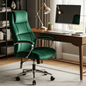 A luxurious velvet aesthetic office chair in a jewel tone, adding a touch of elegance and sophisticated aesthetics to a home desk setup.