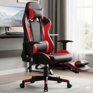 A stylish red and black gaming best Amazon office chair with an ergonomic design, showing adjustable height and tilt for long gaming or work sessions. 
