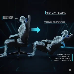 Illustration showing a gaming chair in a reclined position, emphasizing how its recline feature helps distribute pressure and relieve strain on the back. 