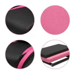 Detailed shot of the high-quality PU leather and fabric material used in a black and pink gaming chair, emphasizing durability and breathability.