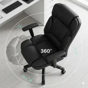 An overhead shot of a comfortable, padded swivel chair with wheels, illustrating its 360-degree rotation and smooth mobility for easy movement around a desk.