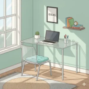 A cute cheap small acrylic chair desk creating a stylish and functional study nook in a tight space.