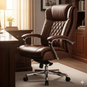 A luxurious leather executive chair with a high back and generous padding, one of the more common types of office chairs for managers and home offices.