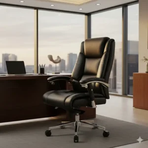 A high-back black leather executive commercial office chairs, perfect for a high-end commercial office or CEO's desk.