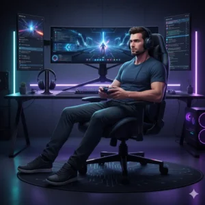 Illustration of a person comfortably seated in a black gaming chair, focused on their game, demonstrating the chair's immersive and supportive qualities for gamers