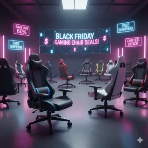A varied selection of gaming chairs in different styles and colors, arranged to showcase options available during the gaming chair black friday event.
