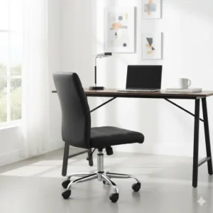 A stylish, low-back skinny desk chair upholstered in black faux leather, perfect for a contemporary workspace. Its compact design is a great space-saver for any room.