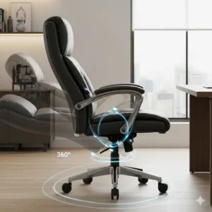 A side profile of a high-back luxury executive office chair showing its smooth 360-degree swivel and recline function, designed for comfort and mobility.