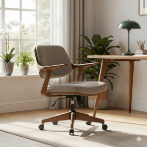 A mid-century modern aesthetic office chair with a wooden frame and soft upholstery, blending classic design with contemporary comfort.