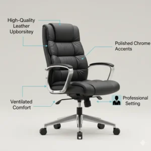 A sophisticated executive modern office chair, featuring high-quality leather upholstery and polished chrome accents, ideal for a professional setting.