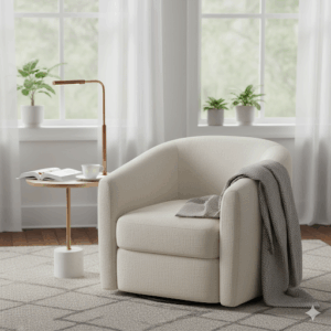 A small upholstered chair placed in a bedroom corner, offering a comfortable spot for reading.
