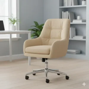 A comfortable upholstered swivel chair with wheels, a great addition to any home office from a home goods collection.