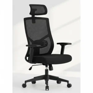 A full-height view of an affordable high-back office chair, highlighting its headrest and tall backrest for superior neck and upper back support.