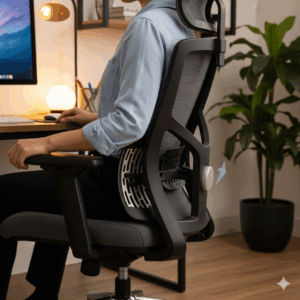  An image highlighting the adjustable lumbar support feature of a highly-rated best Amazon office chair. A person is sitting in the chair, demonstrating its supportive qualities.