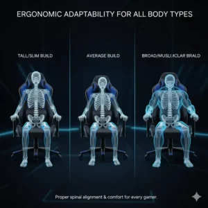 Silhouettes of various body types comfortably seated in a gaming chair, demonstrating its adaptability and effectiveness for different users seeking back pain relief. 