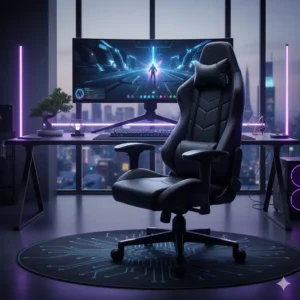 A contemporary illustration showing a stylish black gaming chair integrated into a modern room aesthetic, blending functionality with sophisticated interior design.