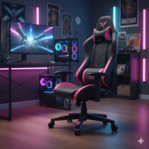 A black and pink gaming chair integrated into a complete gaming setup, showing its visual appeal alongside a desk and monitor.