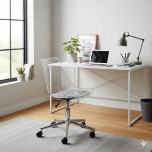 A transparent clear acrylic aesthetic office chair, creating a minimalist and spacious look in a modern or small office environment.