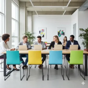 A row of colorful skinny desk chairs in various shades, including teal, yellow, and magenta. These narrow chairs add a pop of color to a modern collaborative office environment.