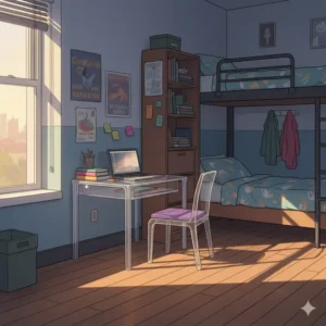 An illustration of a budget-friendly cute cheap small acrylic chair desk fitting perfectly into a college dorm room.