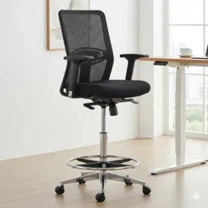 A tall drafting chair with a foot ring, designed for use at elevated desks or standing-height tables, an example of different types of office chairs.