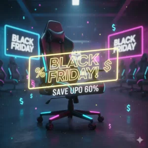 A graphic illustration featuring a gaming chair with prominent "Gaming chair black friday Deal!" text overlay, indicating significant savings and discounts.
